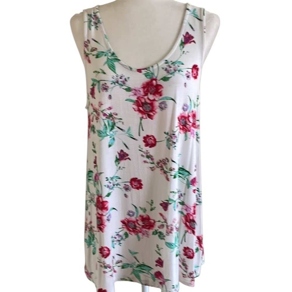 AGNES & DORA FLORAL PRINT TANK TUNIC TOP Size L  White Red Pink Turquoise Green - Picture 2 of 11